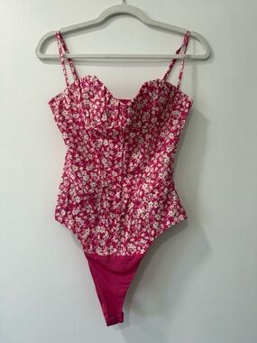 Zara Hot Pink Floral-Trim Cami Bodysuit